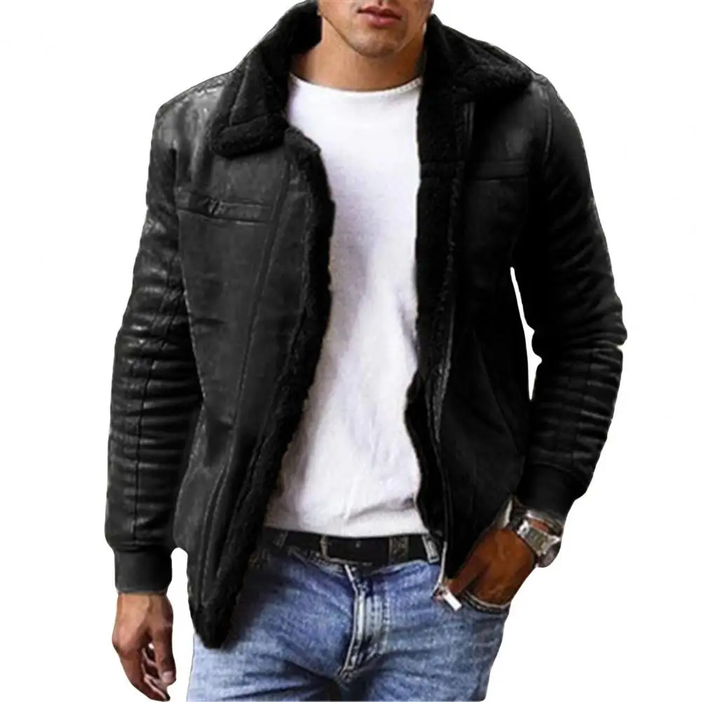 

Men Coat Solid Color Faux Leather Plus Size Thicken Winter Jacket for Outdoor