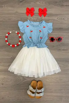 

Toddler Baby Girl Summer Fruit Print Denim Tulle Party Dress Sundress Clothes