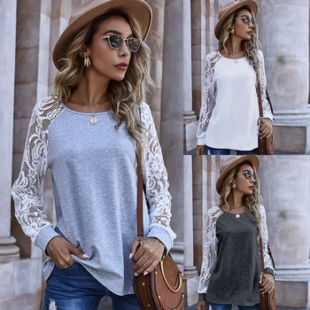 

streetwear fashion casual women long tshirt top female y2k top Hollow lace sleeve crew neck sweater women sexy tops shirts women