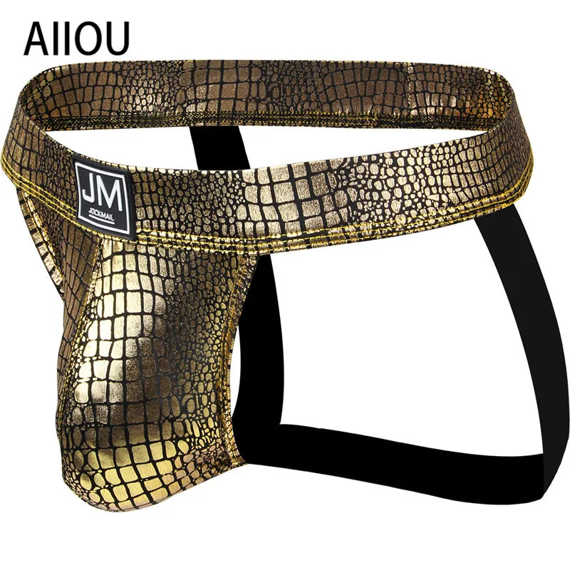 AIIOU Mens Underwear Gay Thongs and G Strings Sexy Gold Faux Leather Leopard Panties Jockstrap Pouch Penis Open T-back Men Thong |