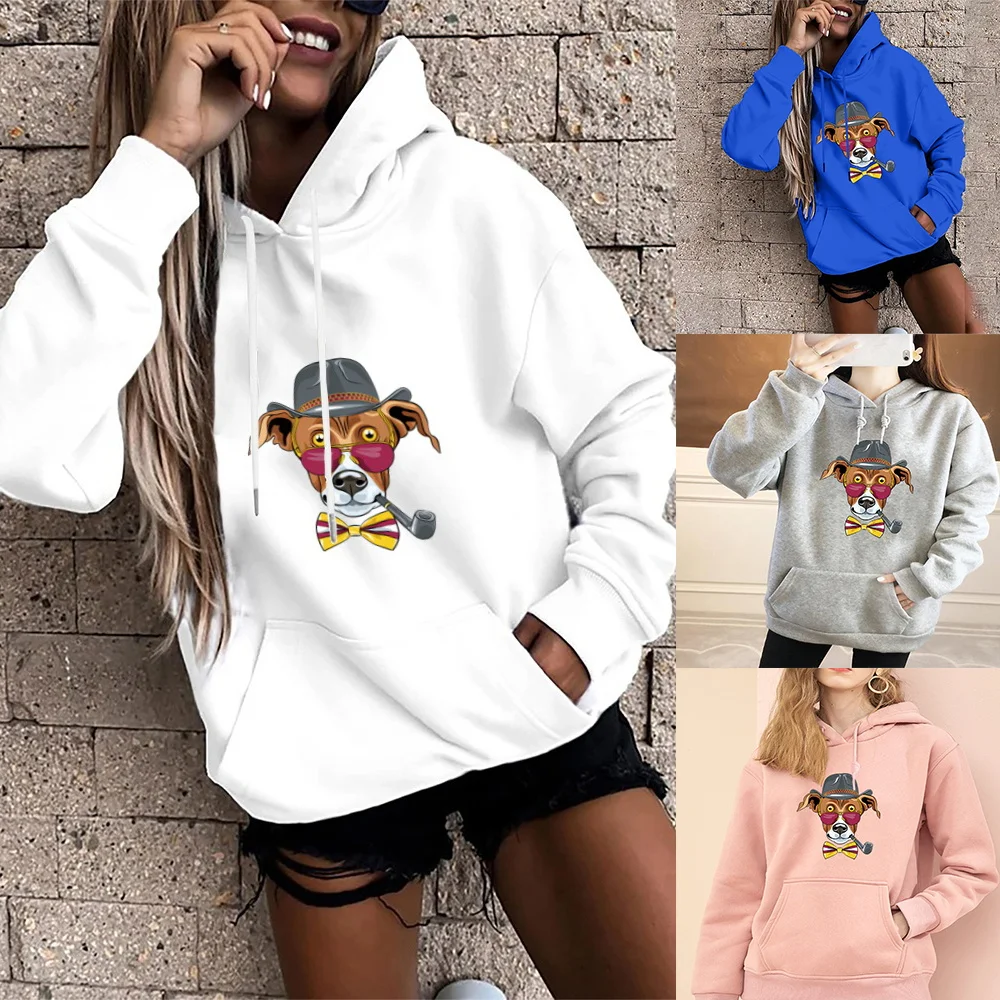 Women's Hoodie Harajuku Girls Loose Top Wearing Sunglasses Puppy Print Autumn Long Sleeve Clothing Girls Hooded Pullover two models wearing 1970s style clothing постер