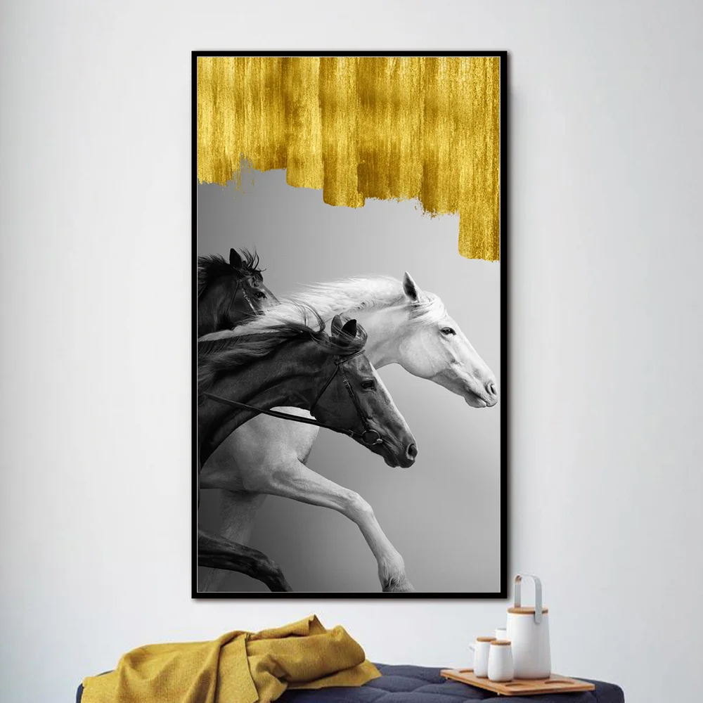 Golden Larger Original Running Horse Oil Paintings Wall Art Colorful Animal Posters Picture For Living Room Home Decor | Дом и сад