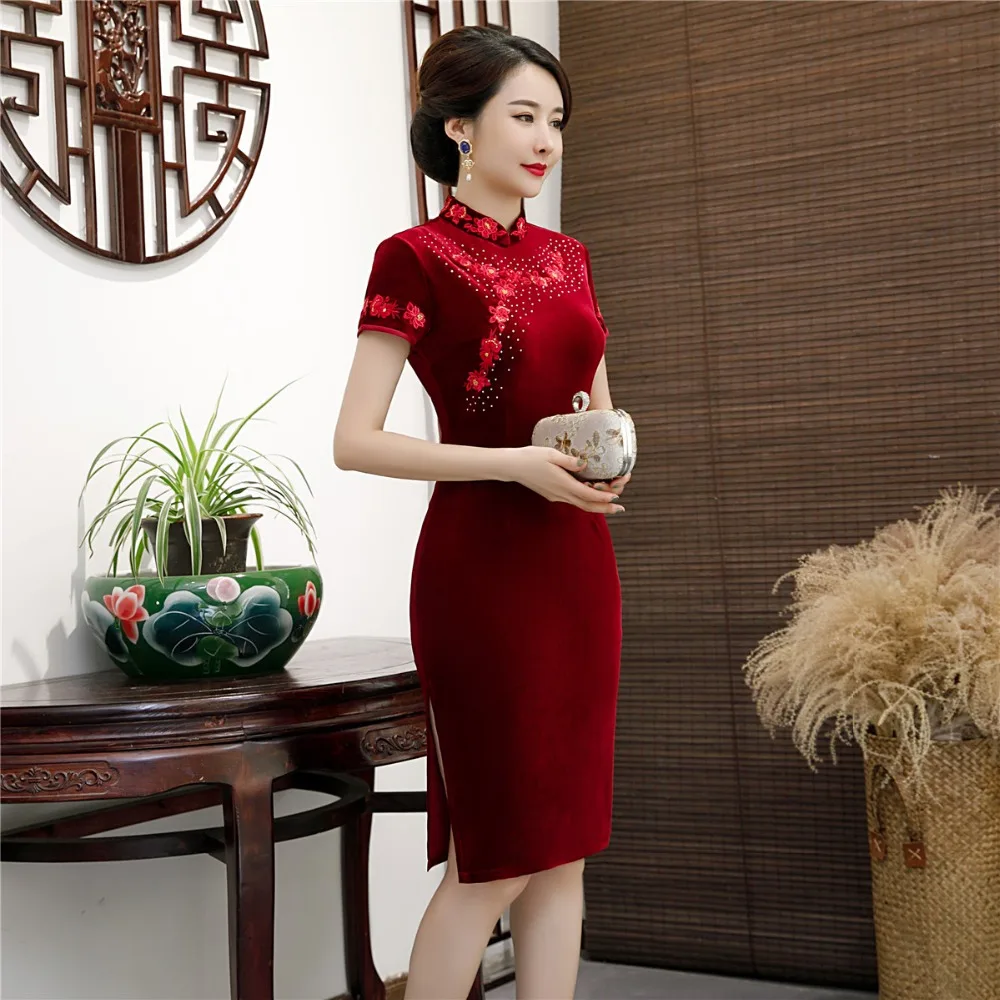 Шанхай история кружева бисером Cheongsam по колено qipao платье в фольклорном стиле китайское традиционное платье восточное платье 3 цвета