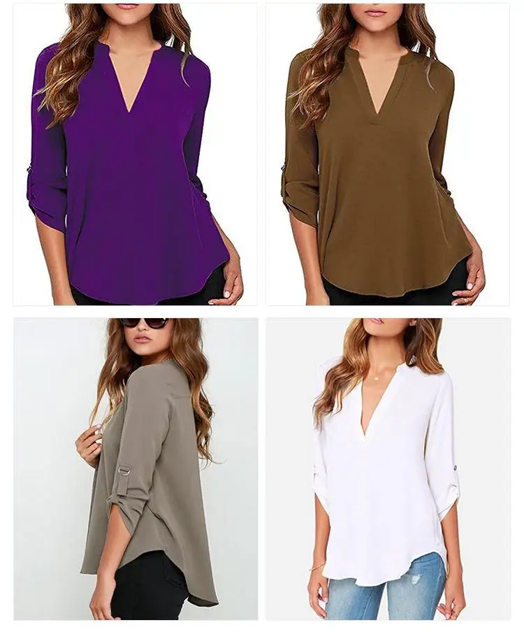 Женская однотонная блузка со сложенным рукавом и v-образным вырезом, плиссированная блуза с длинным рукавом, Свободная шифоновая рубашка для женщин, топы 5XL, новое поступление