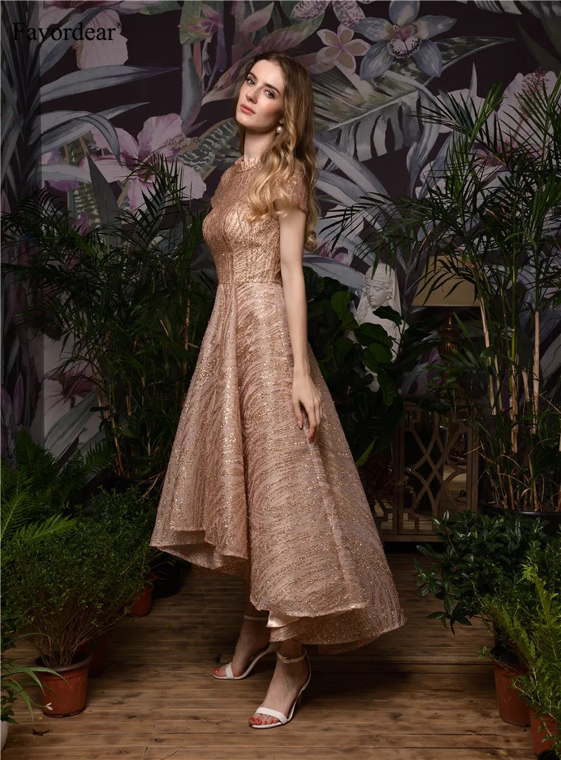 Favordear роскошное розовое золото спрей Золотое вечернее платье Vestido De Noiva Чай-Длина Совок Высокий Низкий торжественное платье вечерние платья