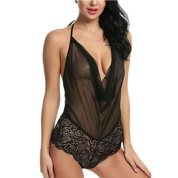

Women Sexy Lingerie Lace Sexy Deep V Solid Halter Sleep Bodysuit Romper Sleepwear Nightwear 2020 New Arrivals Hot Selling