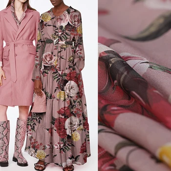 

139CM Wide 8MM Huge Rose Print Thin Silk Georgette Fabric for Summer Dress Jacket Scarf E1349