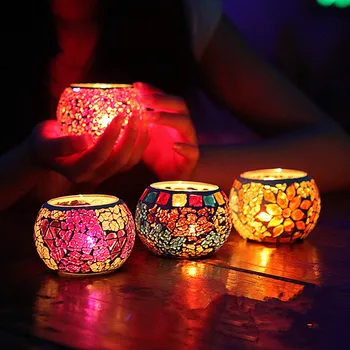 

8pcs/pack Colorful Mosaic Glass Candle Holder Friend Gift Coffer Bar Candle Holder Beautiful Home Decoration Candle Holder