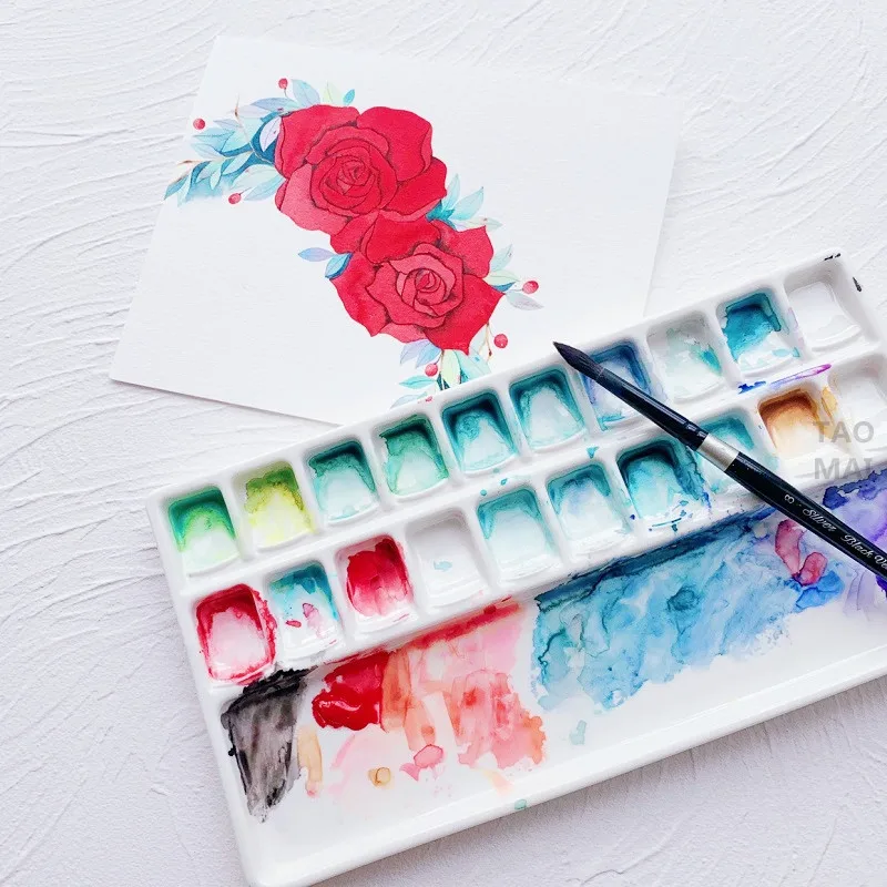 세라믹 수채화 팔레트 대형 직사각형 멀티 그리드 백자 초보자 예술가를 위한 그..