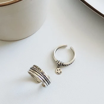 

925 silver double rings for women ins hipster Korea simple and stylish personality smiley opening adjustable ring re