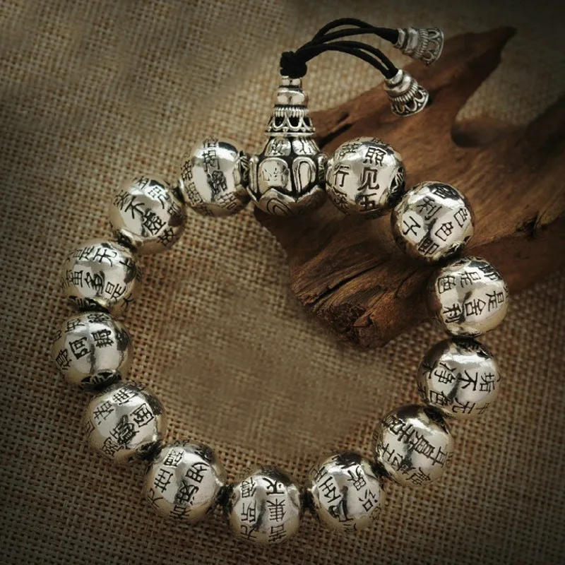 Горячее предложение S990 серебряный буддийский бисер с рунами браслеты и браслеты ювелирные украшения ручной работы мантра Энергетический Браслет для женщин или мужчин - Окраска металла: 6 84g