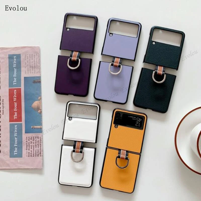 Ring Holder Phone Case For Samsung Z Flip 3 5g Solid Color Leather Shockproof Cover For Galaxy Z Flip3 5g Sm F711n Hard Pc Shell Mobile Phone Cases Covers Aliexpress