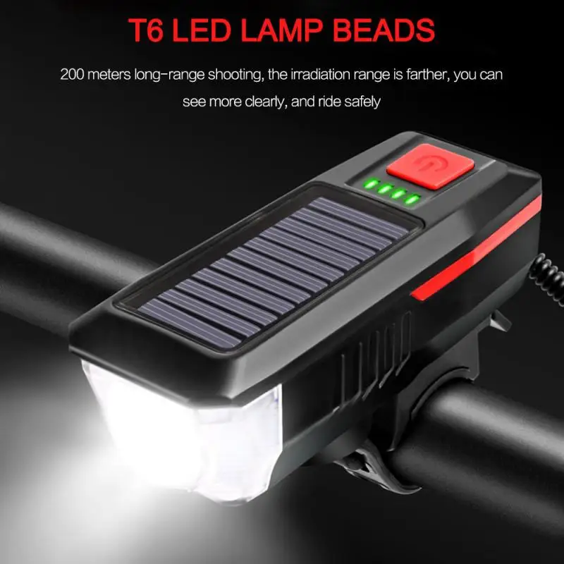HOT!!! New Solar USB Rechargeable Double Charging Cycling Light Waterproof Bike Front + Horn Outdoor Bicycle Headlight | Спорт и