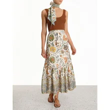 Edie длинная юбка женская льняная кайма принт контрастная веревка окантовка до колена невидимая застежка на молнии Прямая поставка