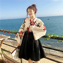 Японское кимоно одежда юката девушки Haori Obi с длинным рукавом платья для вечеринок женские Самурайские Топы Цветочная одежда с принтом аниме юбка