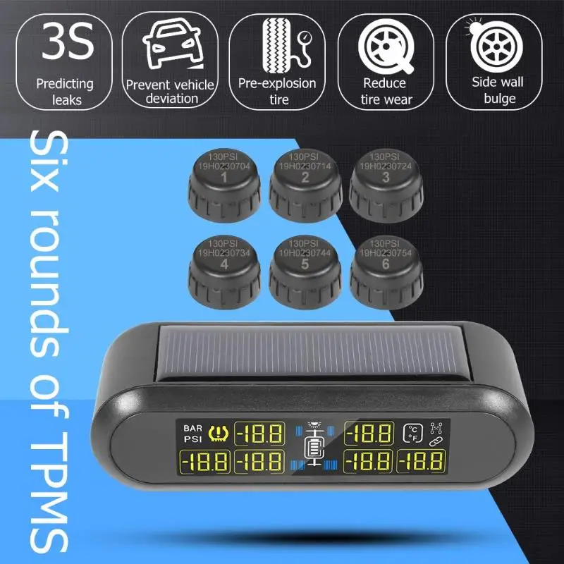 

Solar Charging TPMS RV Truck Tire Tyre Pressure Monitoring Temp Alarm System with 6 Wheel External Sensors