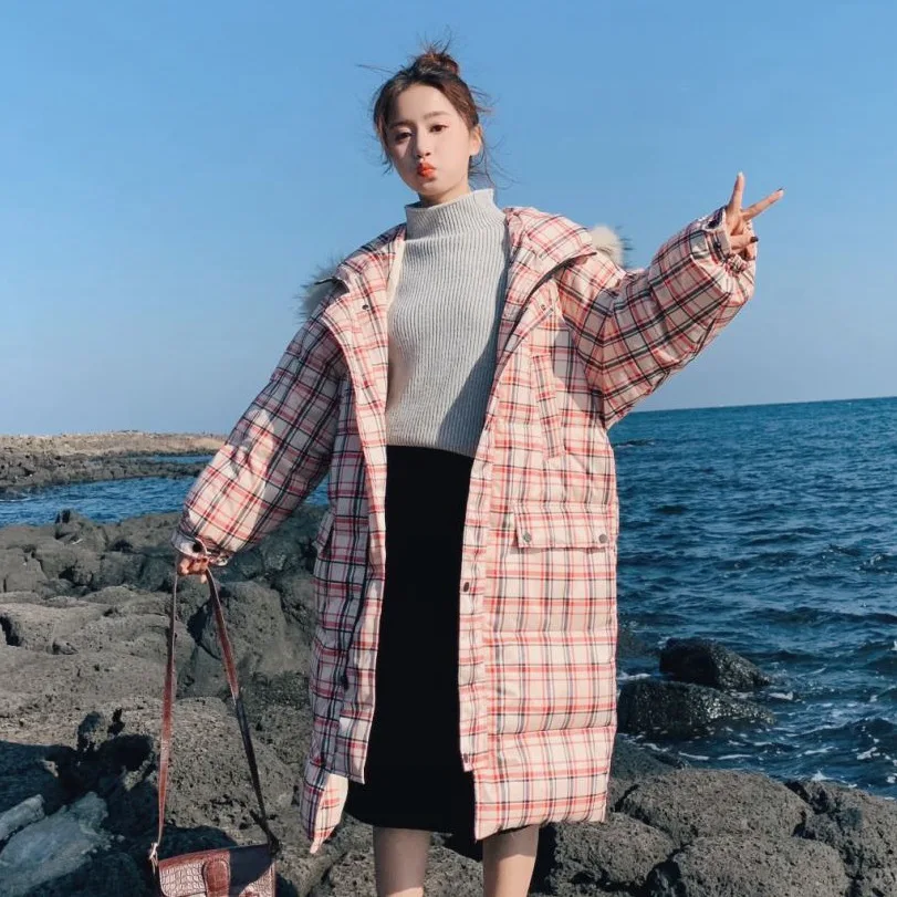 

2019chic Korean-Style Red Plaid Mid-length over-the-Knee New Style Hooded Large Fur Collar Thick Cotton Overcoat Women's Winter