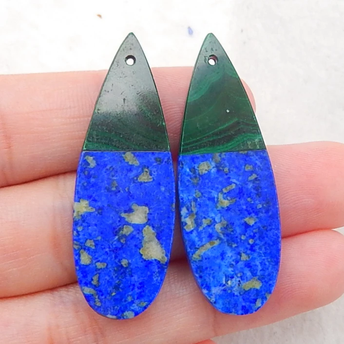 Wholesale,Natural Lapis Lazuli With Malachite Intarsia Gemstone Design  Fashion Teardrop Earrings Bead 40x14x3mm,9.3g