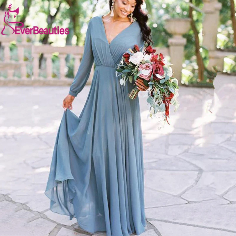 blue long sleeve bridesmaid dresses