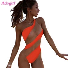 Adogirl Sheer Mesh Patchwork Women Sexy One Piece Swimsuit One Shoulder Sleeveless Summer Beach Pool Swimwear Female Bodysuits