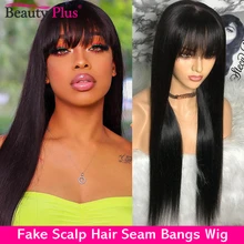 

Beauty Plus Long Straight Fake Scalp Human Hair Wigs with Bangs 180 Density Remy Peruvian Full Machine Made Wig For Women 24Inch