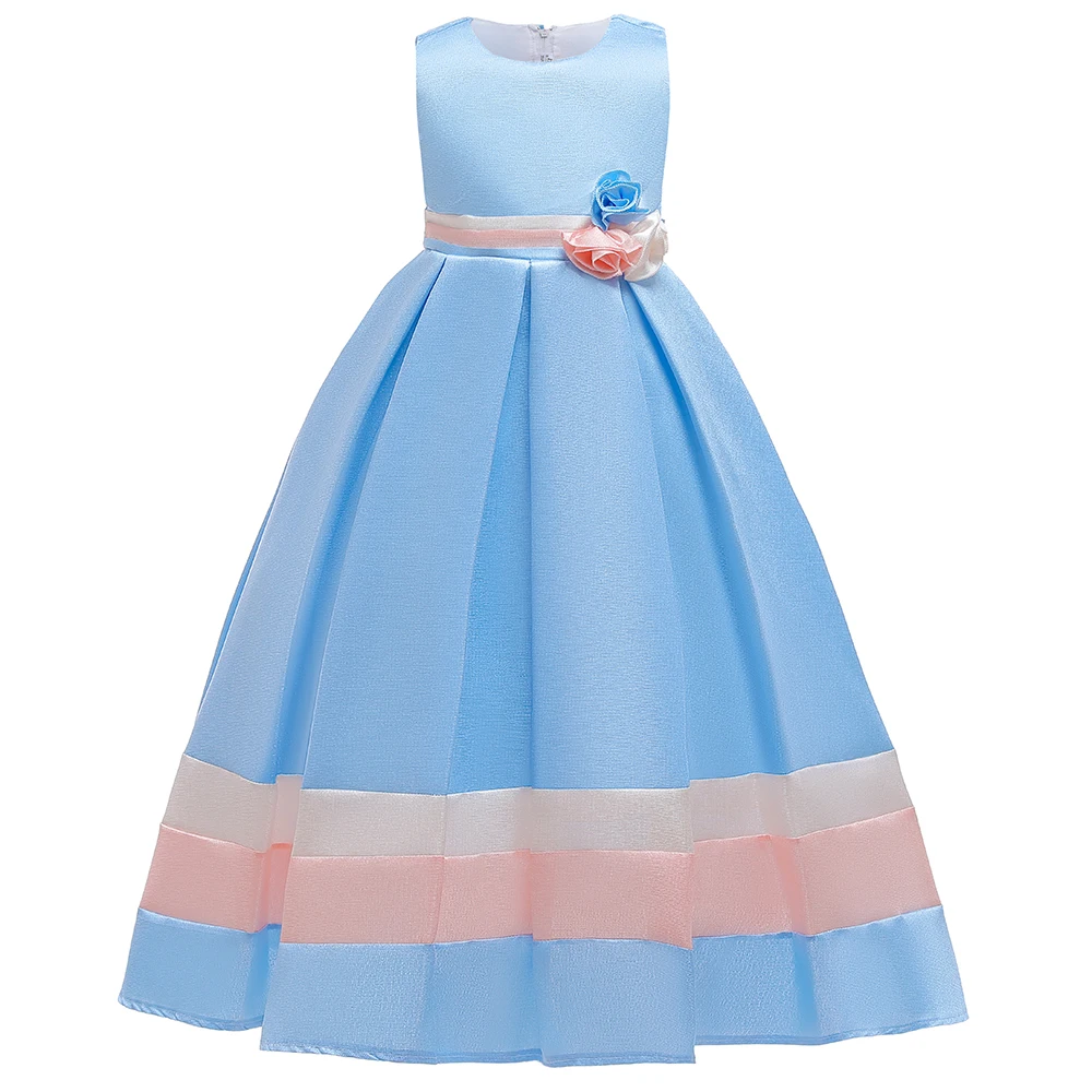 Striped Stitching Flower Applique Princess Dresses Elegant Gowns Birthday Bridesmaid Party Dress Clothes Evening LP-252 | Детская одежда