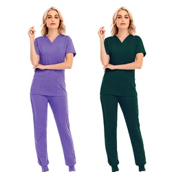 S-2XL 9Colors Solid V-neck Pocket Scrub Hospital Uniform Set Women Surgical Scrubs Joggers Top Pants Suits