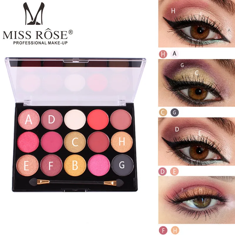 

Miss rose 15 colors matte eyeshadow powder bright rose red peach blue purple color long lasting shimmer eyeshadow palette