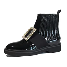 Luxury brand new winter ankle boots women's shoes patent leather rhinestone square buckle Motorcycle boots