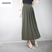 INNASOFAN, теплая трикотажная женская юбка, Осень-зима, длинная юбка, высокая талия, модная, высокая, шикарная, плиссированная, Полосатая юбка