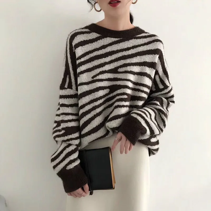 

Syiwidii oversized camisola feminina harajuku solto pullovers senhoras macio listrado zebra batwing manga chique coreano topos