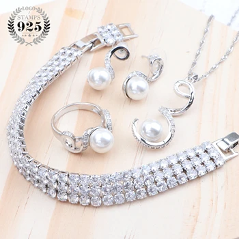 

Women Wedding Pearl 925 Silver Bridal Jewelry Sets White Zirconia Costume Jewelry Bracelet Pendant&Necklace Rings Earrings Sets