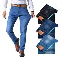 Brat Wang klasyczny styl mężczyźni marka Jeans Business Casual rozciągliwe dopasowanie spodnie jeansowe jasnoniebieskie czarne męskie