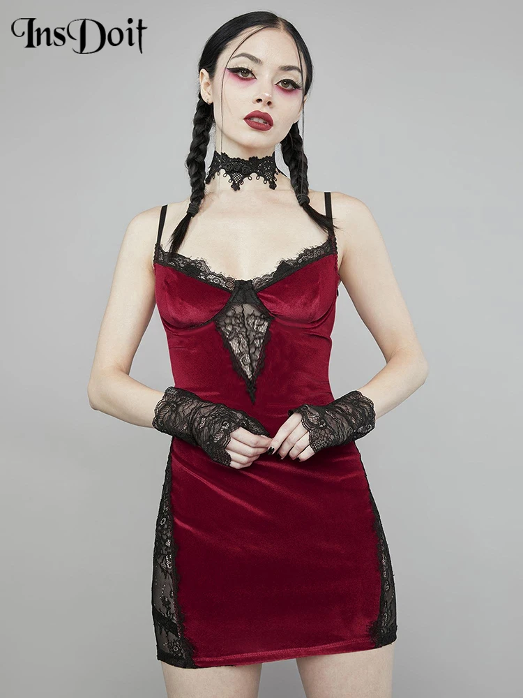 Женское кружевное Прозрачное платье InsDoit Красное Облегающее Платье-мини без