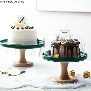 

Ceramics Green Round Try Eating High Foot Cake Pan Glass Cover Dessert Fruit Exhibition Hall Display Tray with Lid Shooting Prop