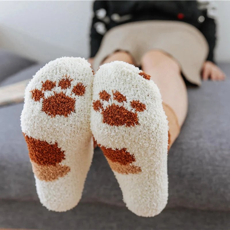 Плюшевые коралловые флисовые носки женские носки без пятки осенние и зимние милые толстые теплые носки-тапочки с когтями кошки носки-Тапочки