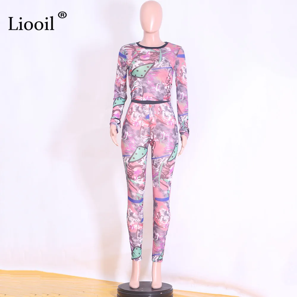 Liooil/красочные две детали с принтом, сетчатый прозрачный комплект, женские сексуальные Клубные наряды, осень, футболка с длинными рукавами и круглым вырезом, топ и брюки-карандаш