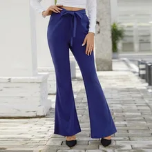 2020 Summer Fashion Blue Flare Pants High Waist Front Tie Bowknot Slim Fit Women Trousers Casual Street Style Bell Bottom Pants