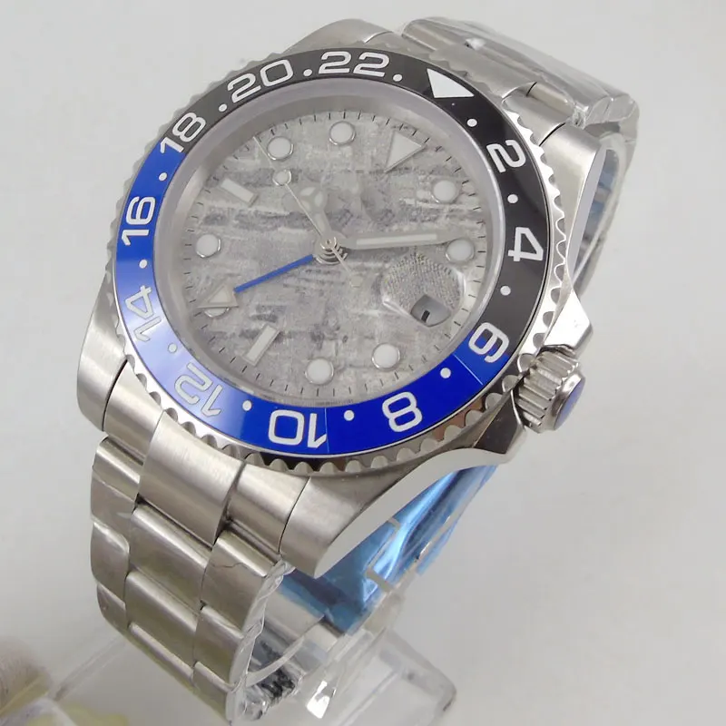 

40mm Slef Widning Grey Dial GMT Function Sapphire Glass Rotating Bezel Men Wristwatch Nologo