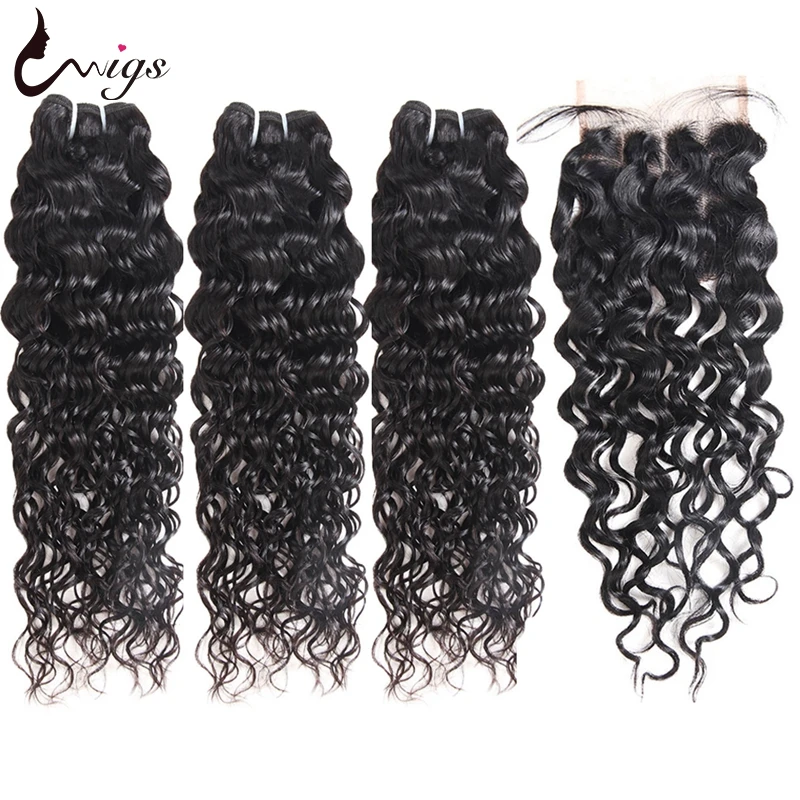 

Uwigs Brazilian Water Wave Bundles with Closure 4x4 Inch Human Hair Bundles With Closure 3PCS Virgin Hair Bundles with Closure