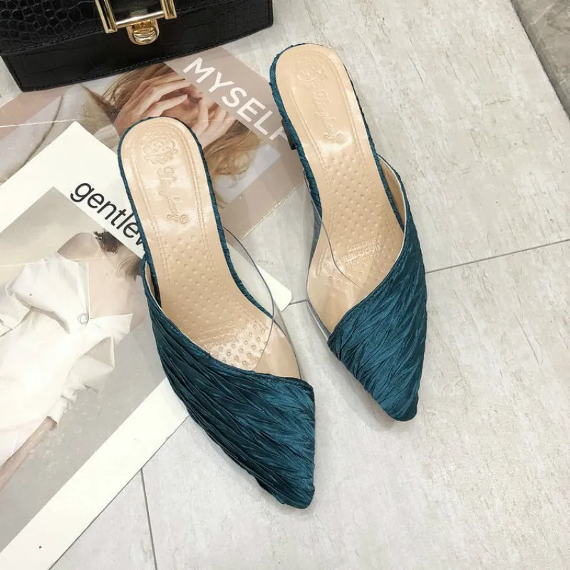 

Summer Sandals Pointed Toe Mixed Color Slippers Middle Heels Ladies Outside Wear Half Slippers Women Comfortable Women Sandals