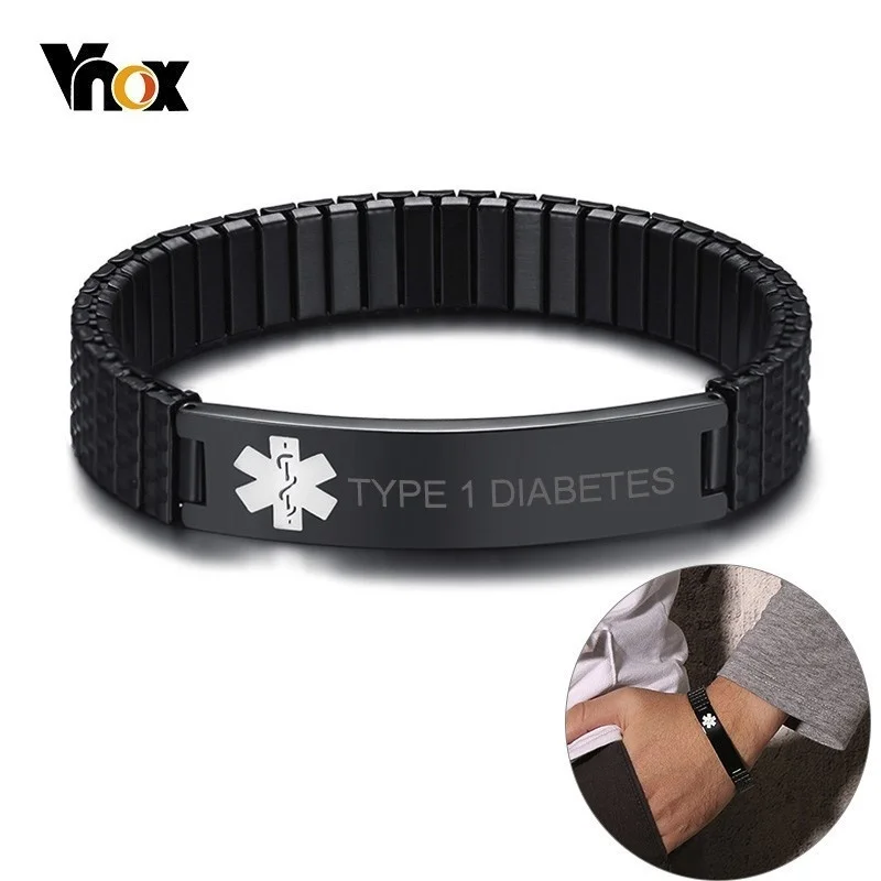 Vnox 12mm Stretch Band Bracelets for Women Black Stainless Steel Type 1/2 Diabetes Medical Alert Personalized ID Bangle | Украшения и