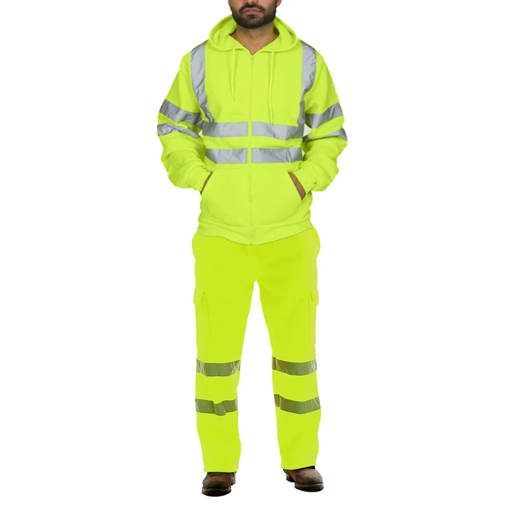 Men's Road Work High Visibility Pullo Sweatshirt Pants Sets Hooded Sweatshirt Sportswear Suits Workout Set Tracksuit Plus Size