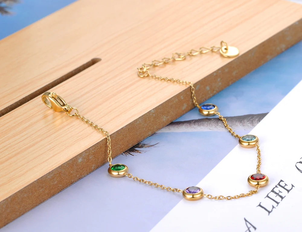 Stainless Steel Colorful Cubic Zirconia Charm Bracelets 18K Gold Plated Bohemia Chain Bracelet Jewelry for Women B21152 bracelet jewelry