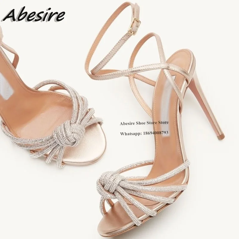 

Chanpagne Bow Knot Crystal Sandals String Buckle High Heels Champage Sandals Woman Summer Shoes Fashion Lady Stilettos Plus Size