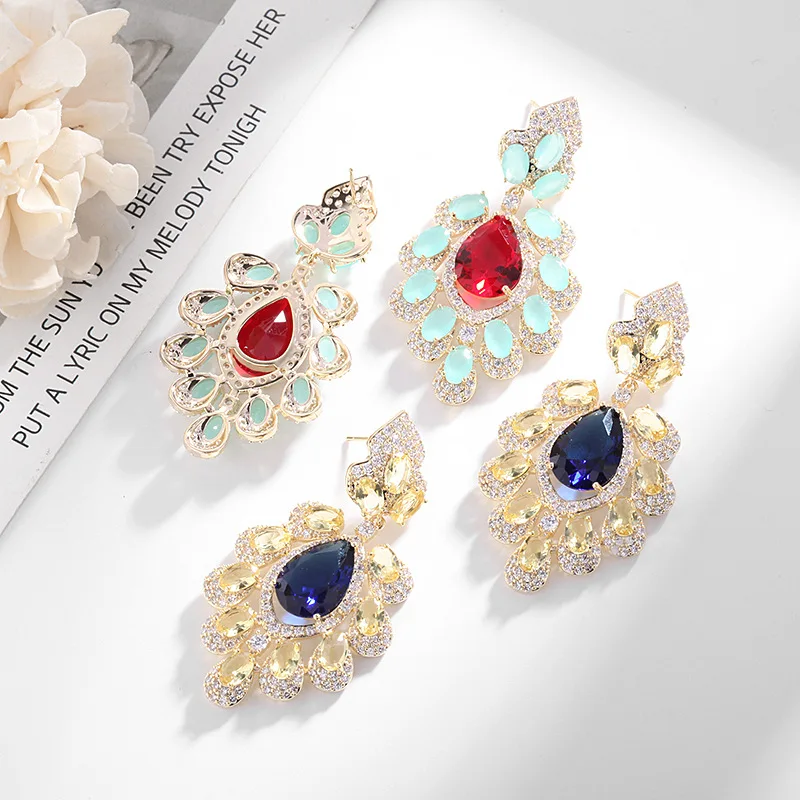 European and American Temperament Colorful Flower Dangle Jewelry Copper Gold-Plated Brand Jewelry Women Fashion Crystal Earring