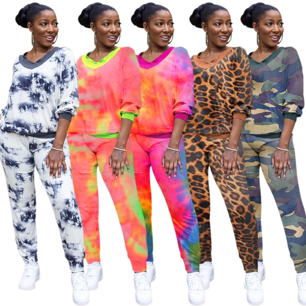 Adogirl Autumn Camouflage Leopard Tie Dye Print Women Set Sweatshirts Jogger Pants Two Pieces Set Tracksuits Casual Outfits sweatshirts leopard steer skull bleached sweatshirt in multicolor size l m