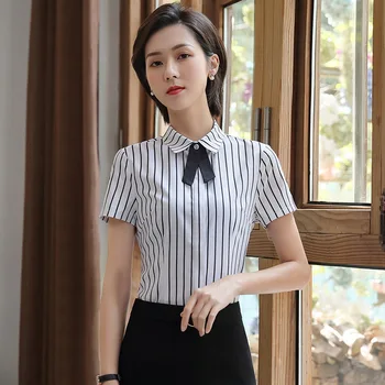 

Occupation Stripes Short Sleeve Shirt Female Temperament Small Xiangfeng Hotel Front Desk Beautician Shirt