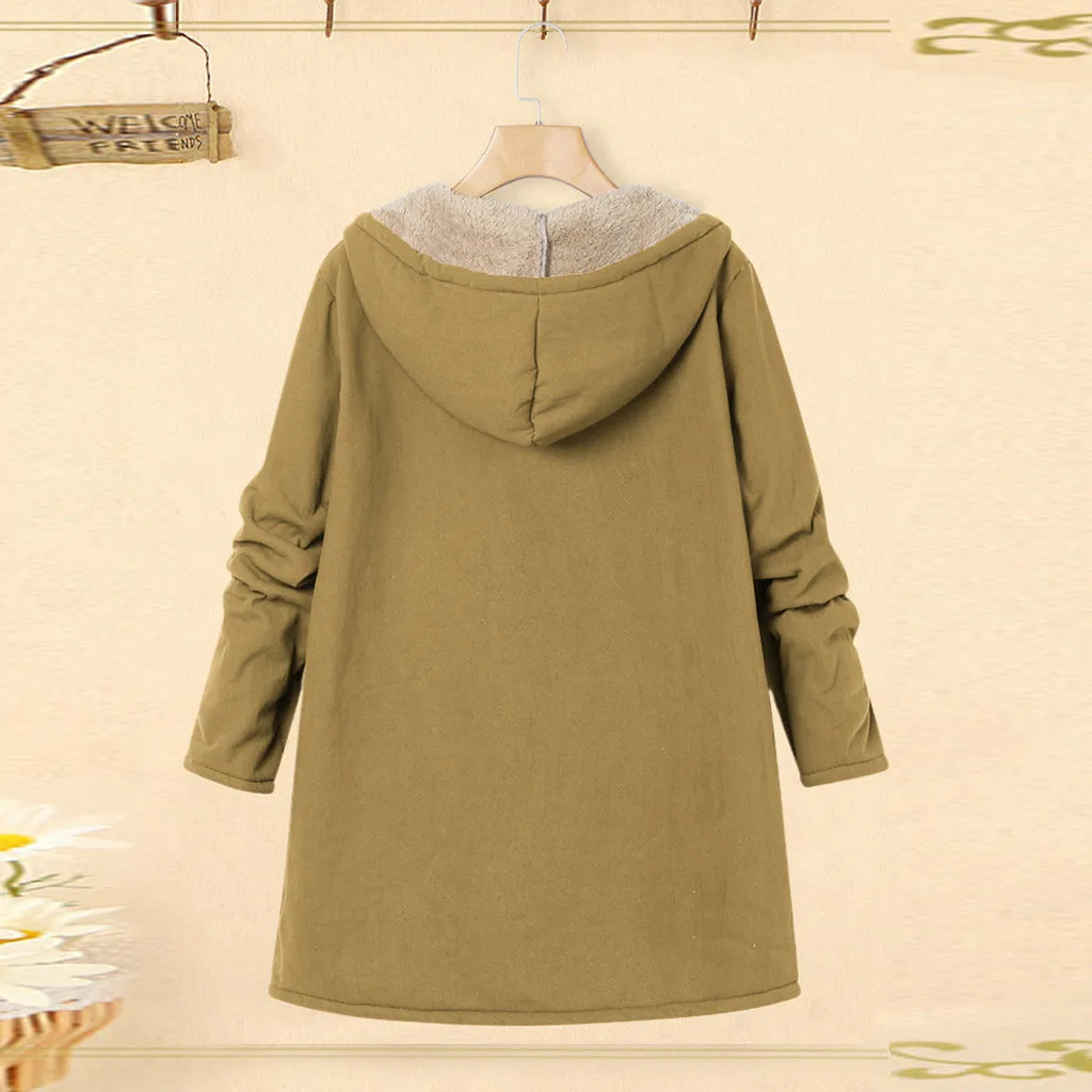 JAYCOSIN ladies large size jacket zipper hooded plus solid long composite plush casual fashion coat warm loose autumn and winter
