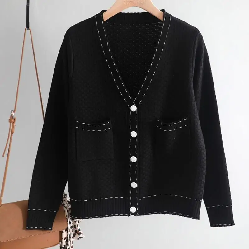

2019 Spring Autumn White Black Cardigan Women Loose Knitted Sweaters Cardigan Cardigans Female Long Sleeve V Neck Coat